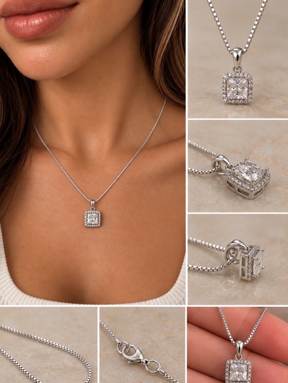#551 Moissanite Sterling Silver Square Halo Pendant Necklace